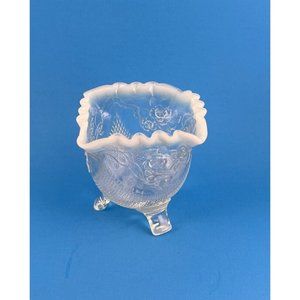 Antique Jefferson Glass Co White Opal Fine Cut & Roses Opalescent Footed Bowl 4"